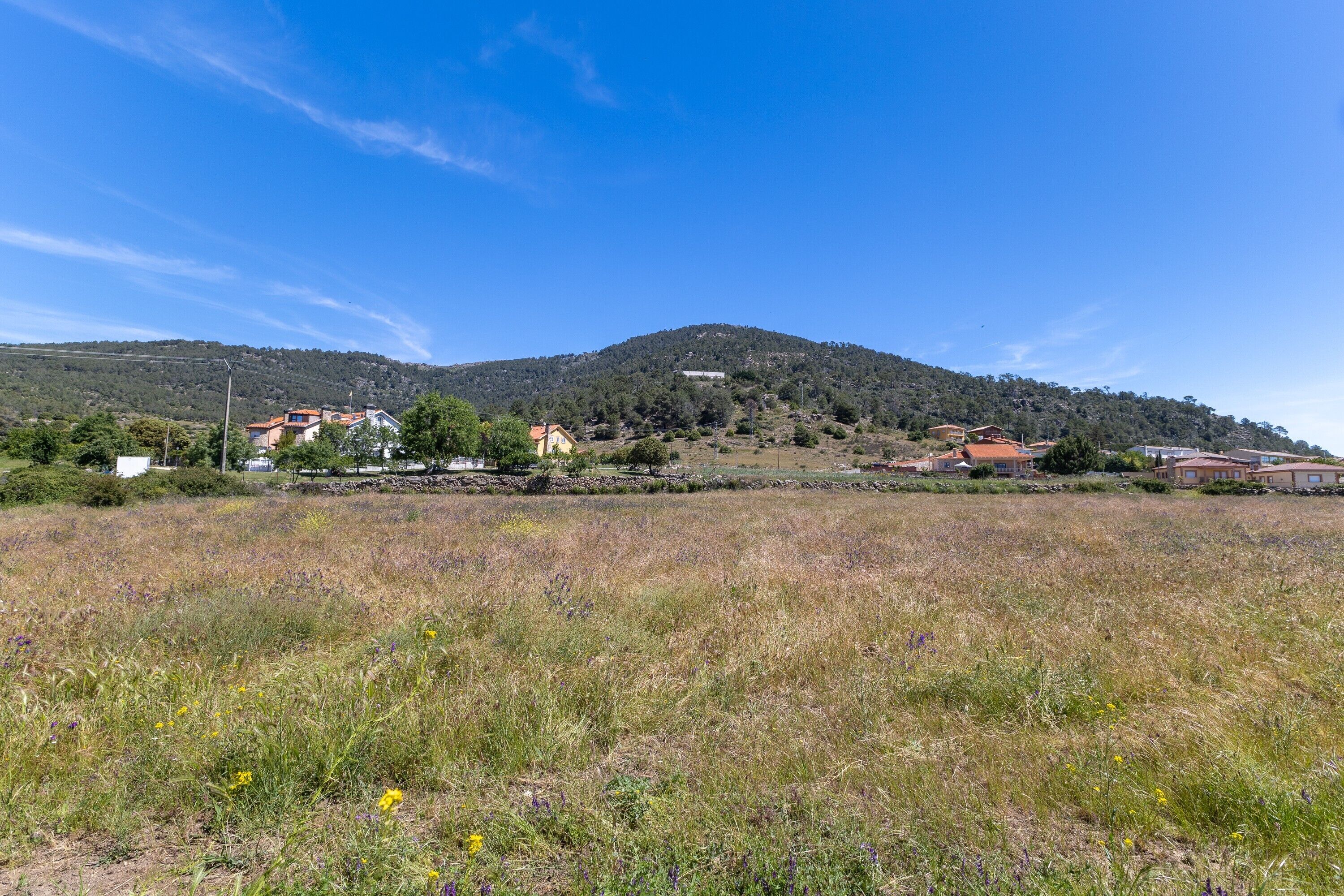 A rural landscape with houses on a hillside, a field in the foreground, and a clear blue sky.