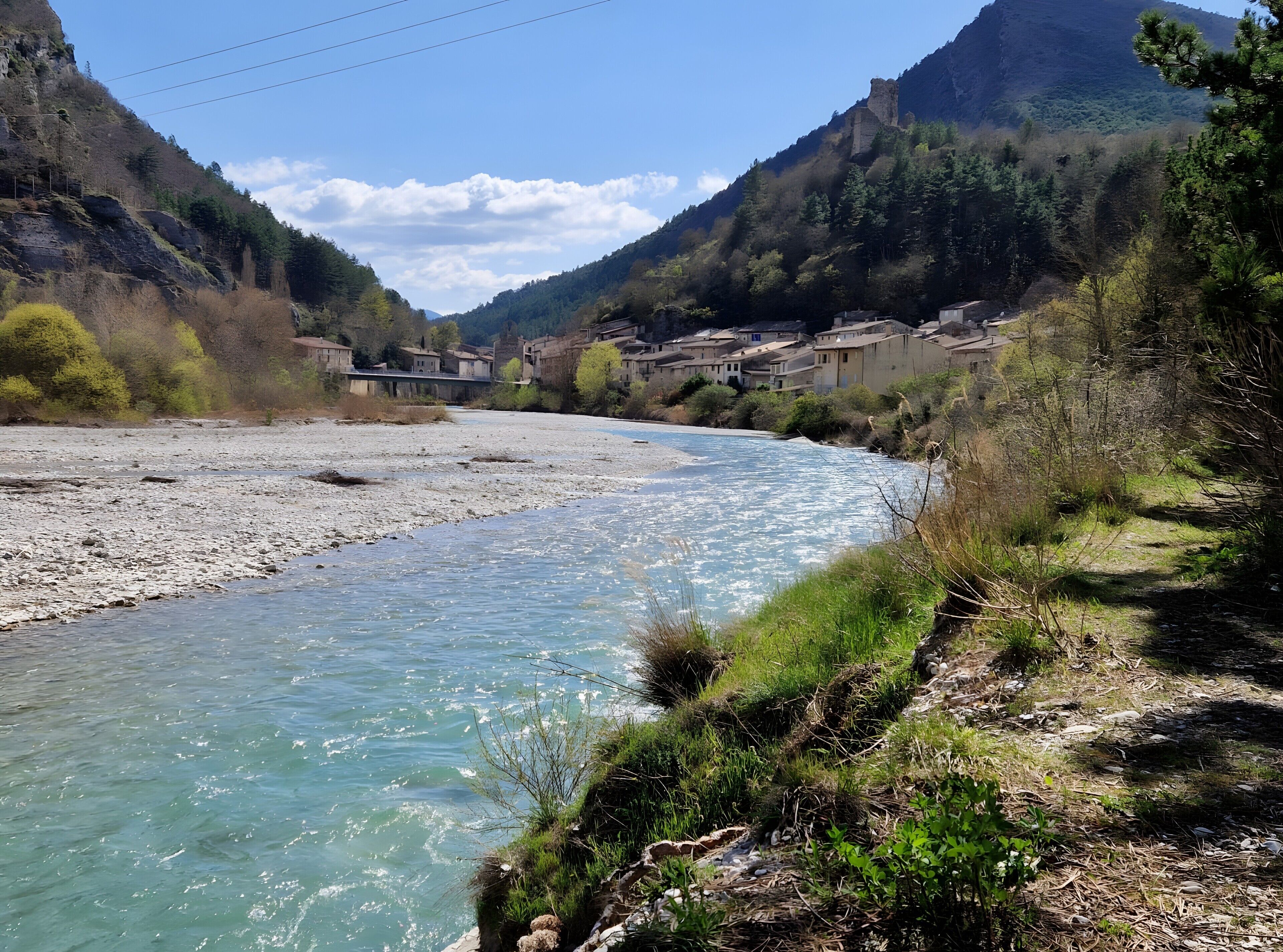 A river flowing through a valley with buildings on the hillside.