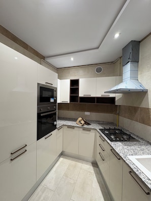 A modern kitchen with a built-in oven, a gas stove, and a stainless steel range hood. - Vauban Residence, 2 Bedroom Apartment Terrace Lake and city View (Tunis)