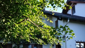 Un edificio blanco con un árbol en frente, un pequeño porche y una ventana con contraventanas.