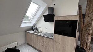 A compact kitchen with a skylight, built-in appliances, and a rustic wooden accent.