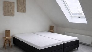 A bedroom with a sloped ceiling, a skylight, a bed, two chairs, and a radiator.