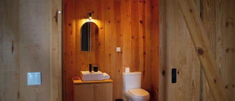Shower, hair dryer, towels, toilet paper