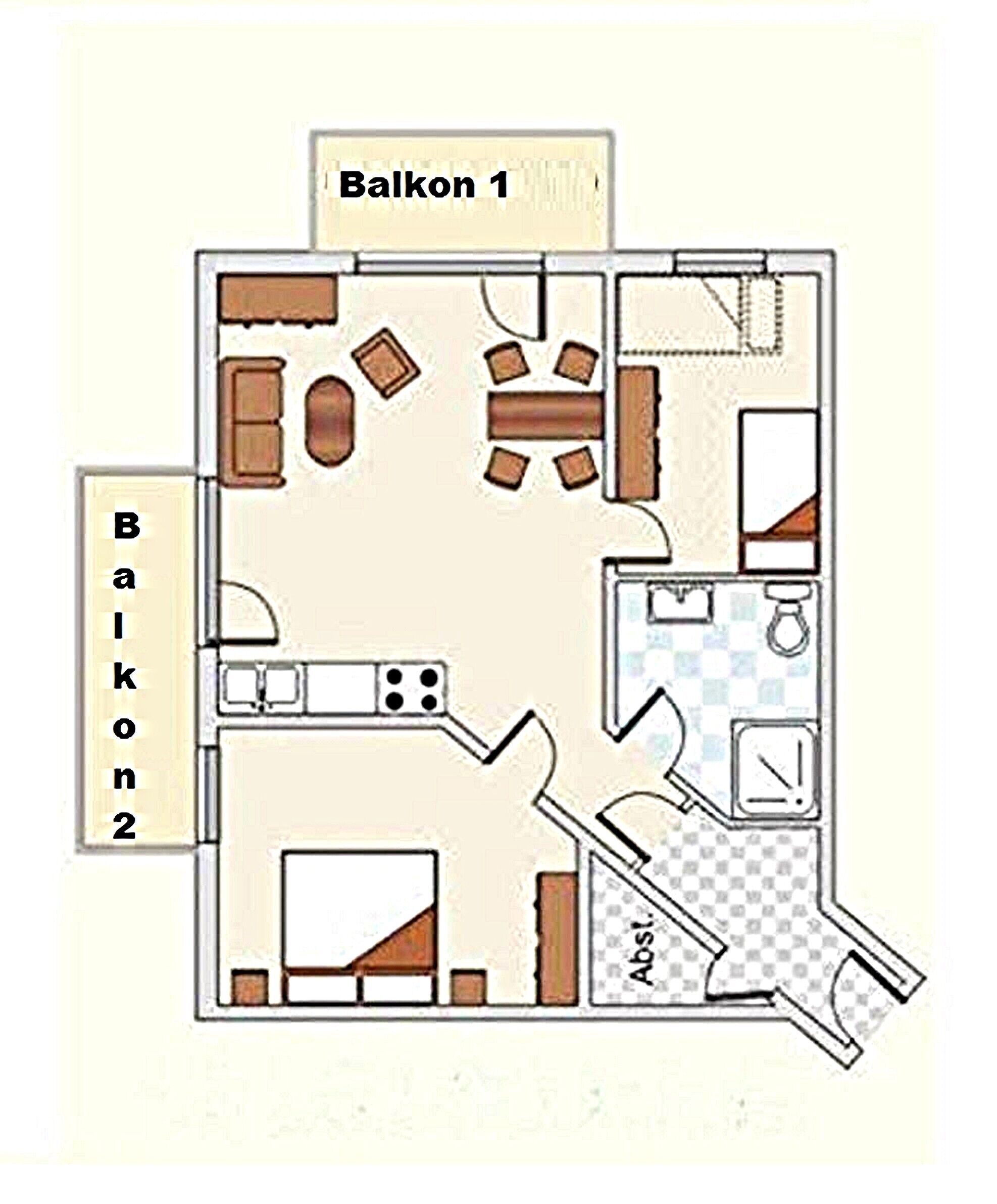 Ein Grundriss mit zwei Balkonen, einer Küche, einer Essecke und einem Badezimmer.