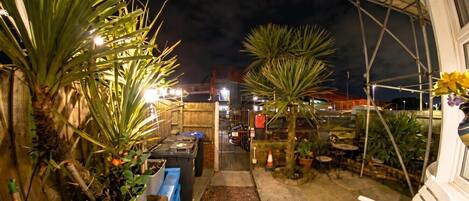 A nighttime outdoor area with potted plants, a pathway, and a white chair.