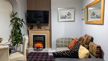 A living room with a fireplace, a flat-screen TV, a sofa with patterned cushions, a chair, and a potted plant.