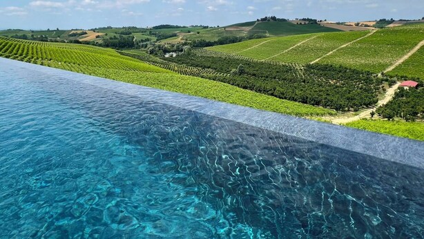 A pool with clear water, surrounded by vineyard fields and a hilly landscape. - Montalbera Wine Suites (Castagnole Monferrato)