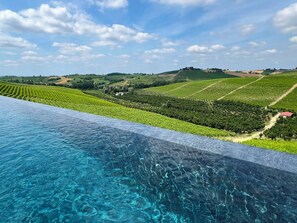 A pool with clear water, surrounded by vineyard fields and a hilly landscape. - Montalbera Wine Suites (Castagnole Monferrato)