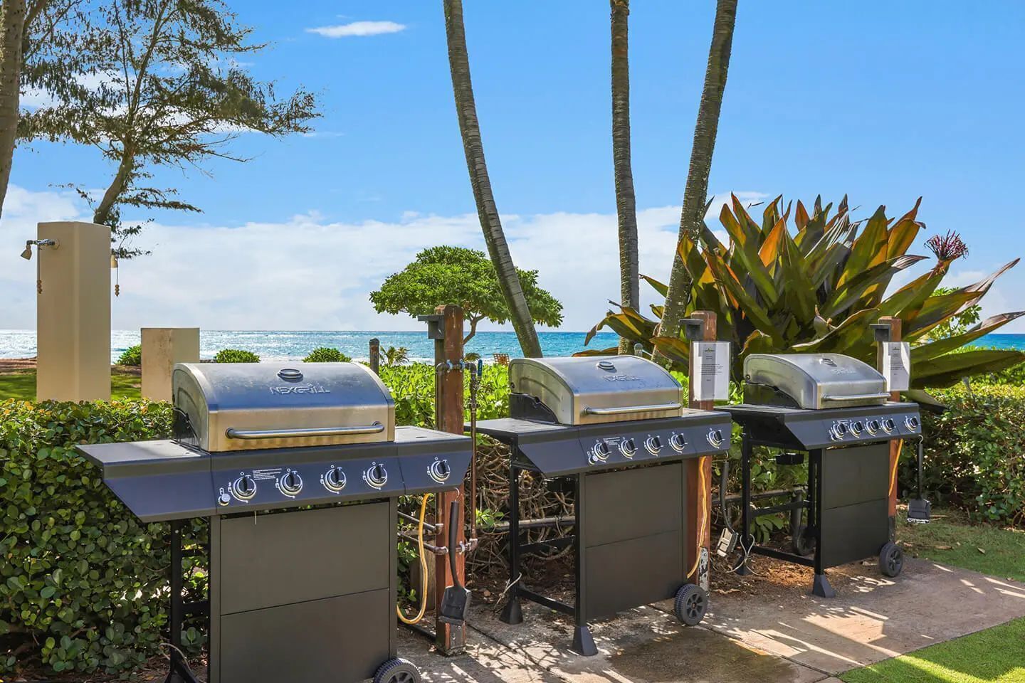 Three barbecue grills with controls, positioned outdoors with a view of the ocean and palm trees.