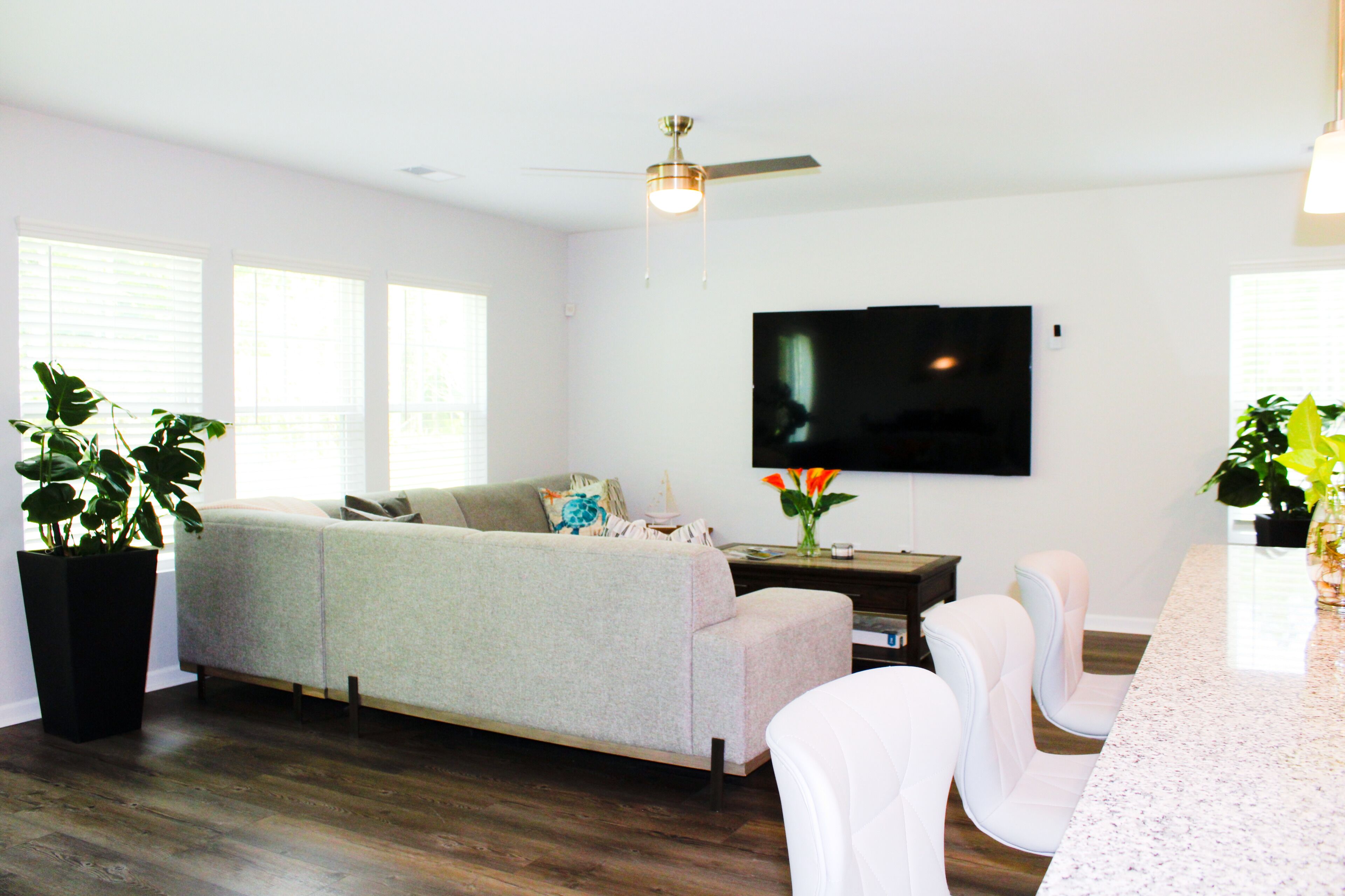 A living room with a sofa, a flat-screen TV, a ceiling fan, and a dining area with chairs and a table.