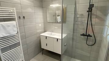 Shower, hair dryer, towels