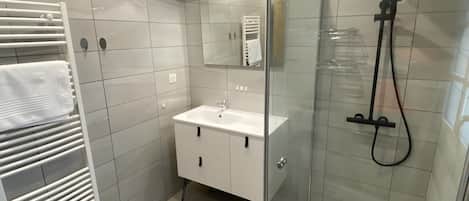 Shower, hair dryer, towels