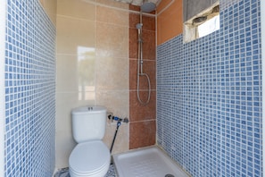 Une salle de bain avec des toilettes, une douche et des murs carrelés.