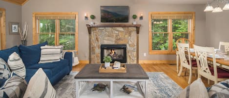 Smart TV, fireplace, foosball, books