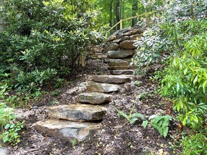 A stone staircase surrounded by dense foliage. - The Bear Den (Boone)