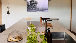 A kitchen with a marble countertop, a sink, a stove, and two potted basil plants. - Magnificent Villa with Panoramic Views & Pool (Fabras)