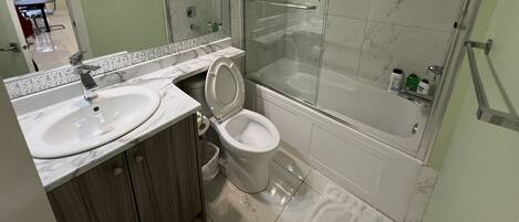 Hair dryer, towels, soap, toilet paper