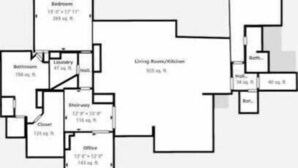 Een plattegrond met een slaapkamer, badkamer, wasruimte, inloopkast, kantoor en woonkamer/keuken.