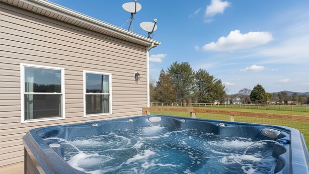 A hot tub outside a house with two satellite dishes on the roof. - Luxury Stay w/ Fenced Yard, Hot Tub, Mountain View (Afton)