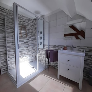 Shower, hair dryer, towels