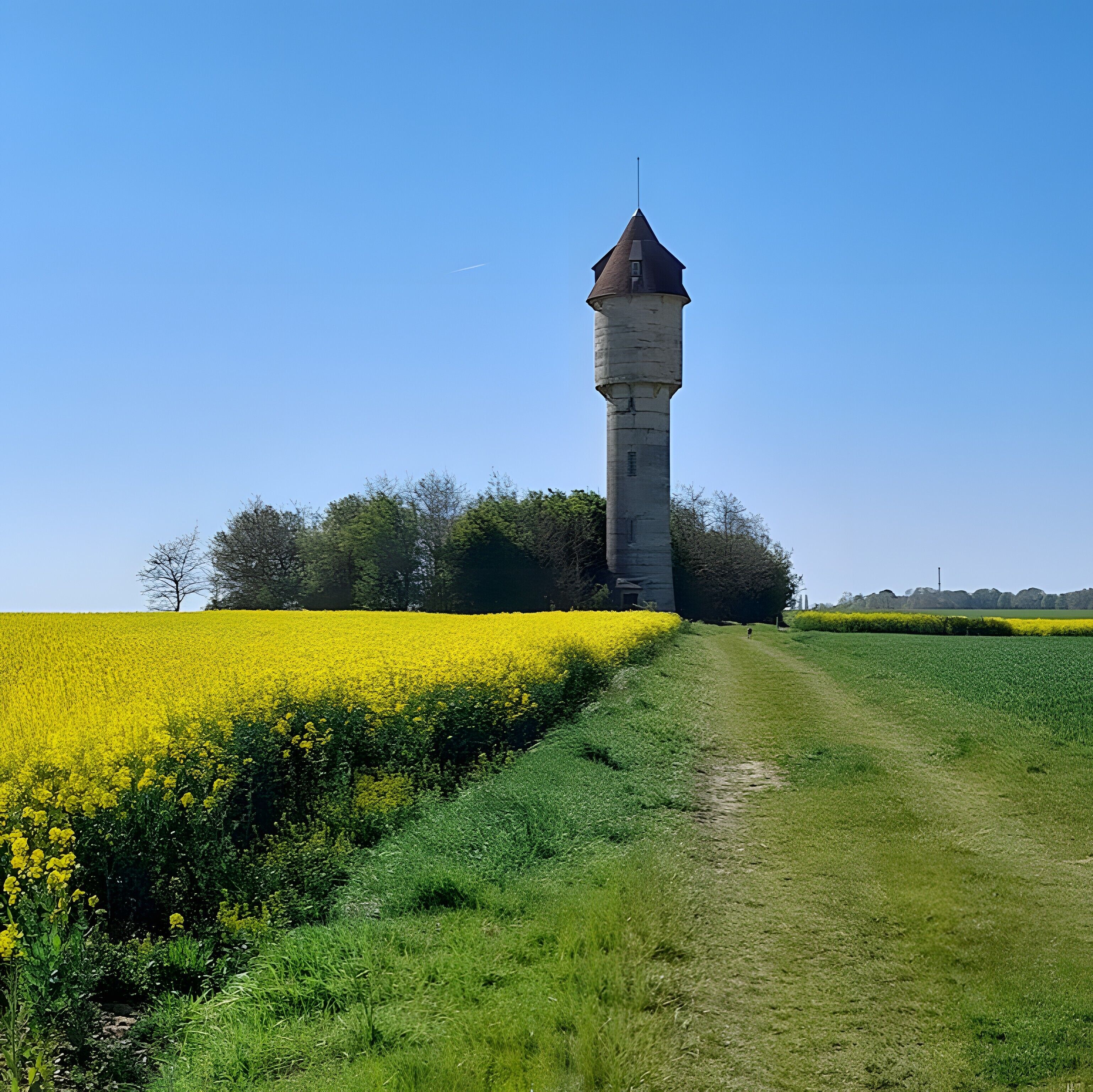 Uma torre com telhado cónico, rodeada por um campo de flores amarelas e relva verde.