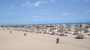 Una playa con filas de tumbonas y sombrillas de paja.
