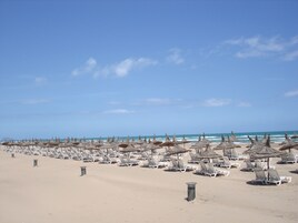 A beach with rows of sun loungers and thatched umbrellas.