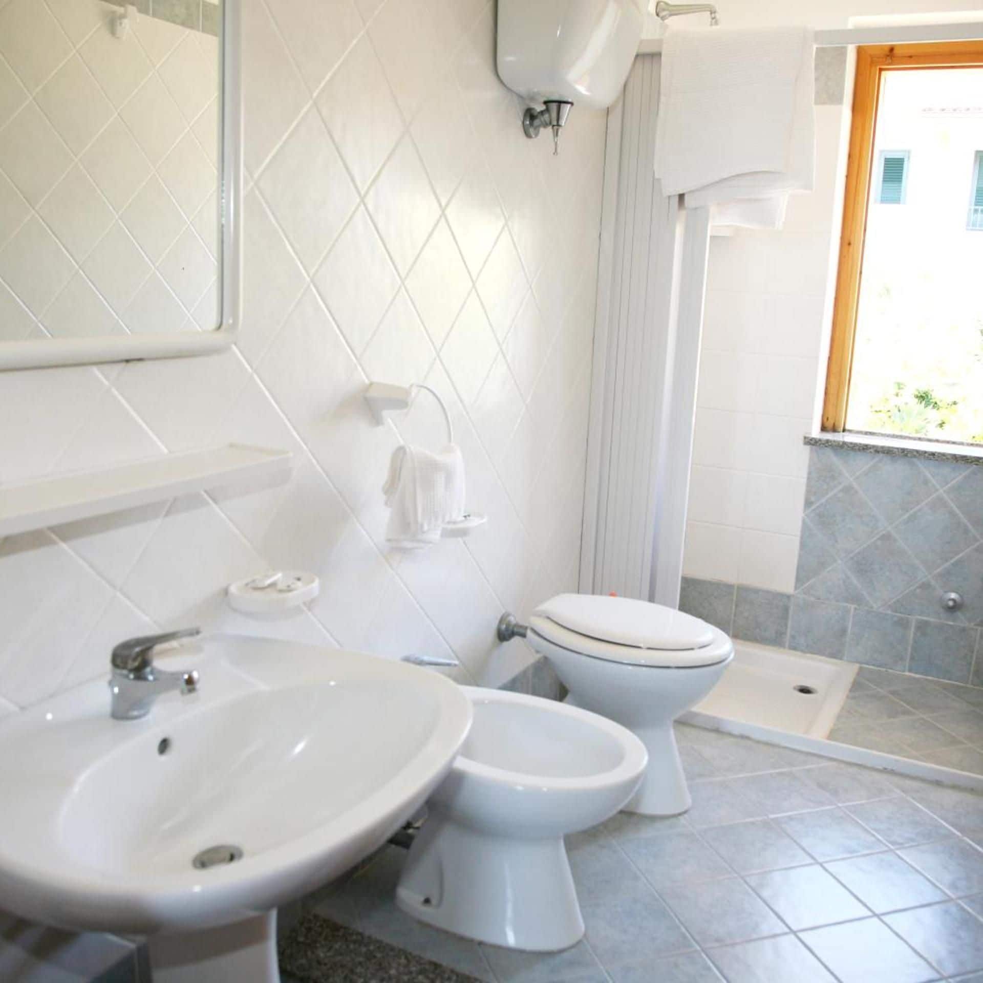Een badkamer met een wastafel, twee toiletten, een douche en een raam.