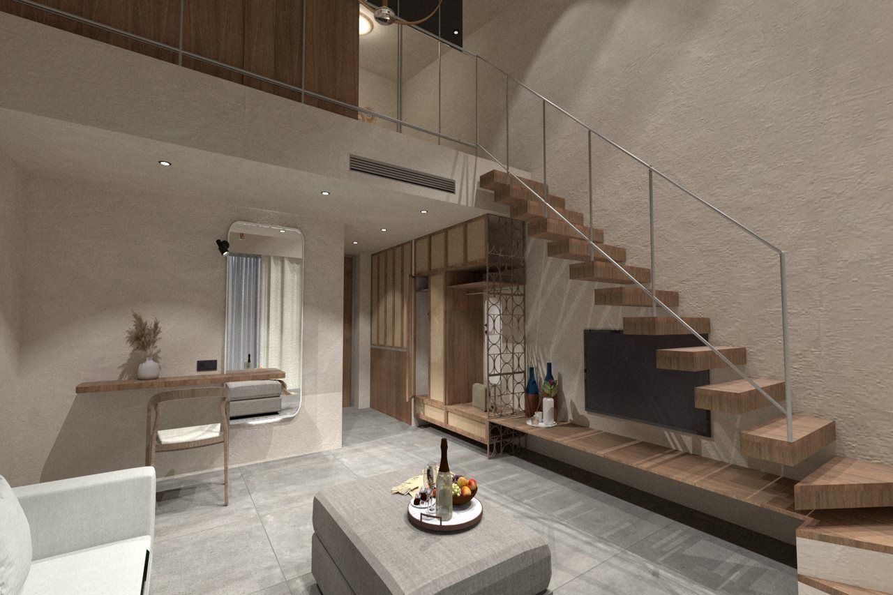 Een modern interieur met een trap, zithoek en een eettafel met een schaal fruit.