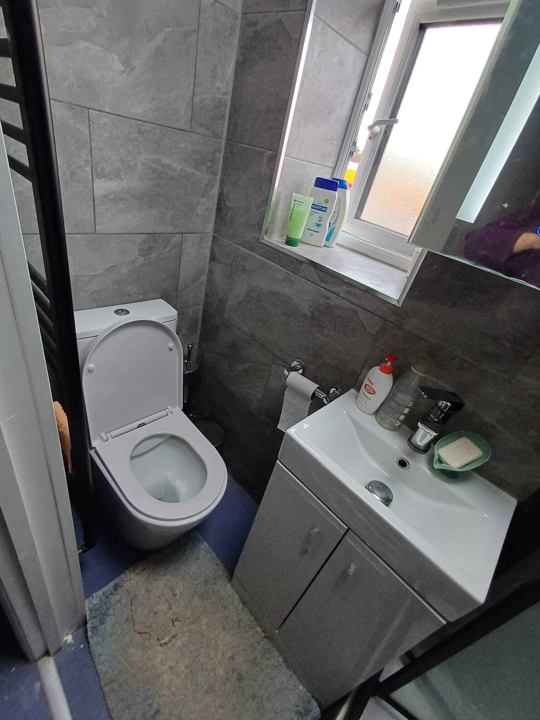 A small bathroom with a toilet, sink, and mirror.