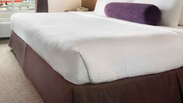 A hotel room with a large bed, a nightstand with a lamp, a window with curtains, and a view of the outside. - Days Inn Calgary Airport (Calgary)