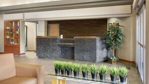 A reception area with a stone counter, a glass table with potted plants, a wooden cabinet with books, and a large window. - Days Inn Calgary Airport (Calgary)