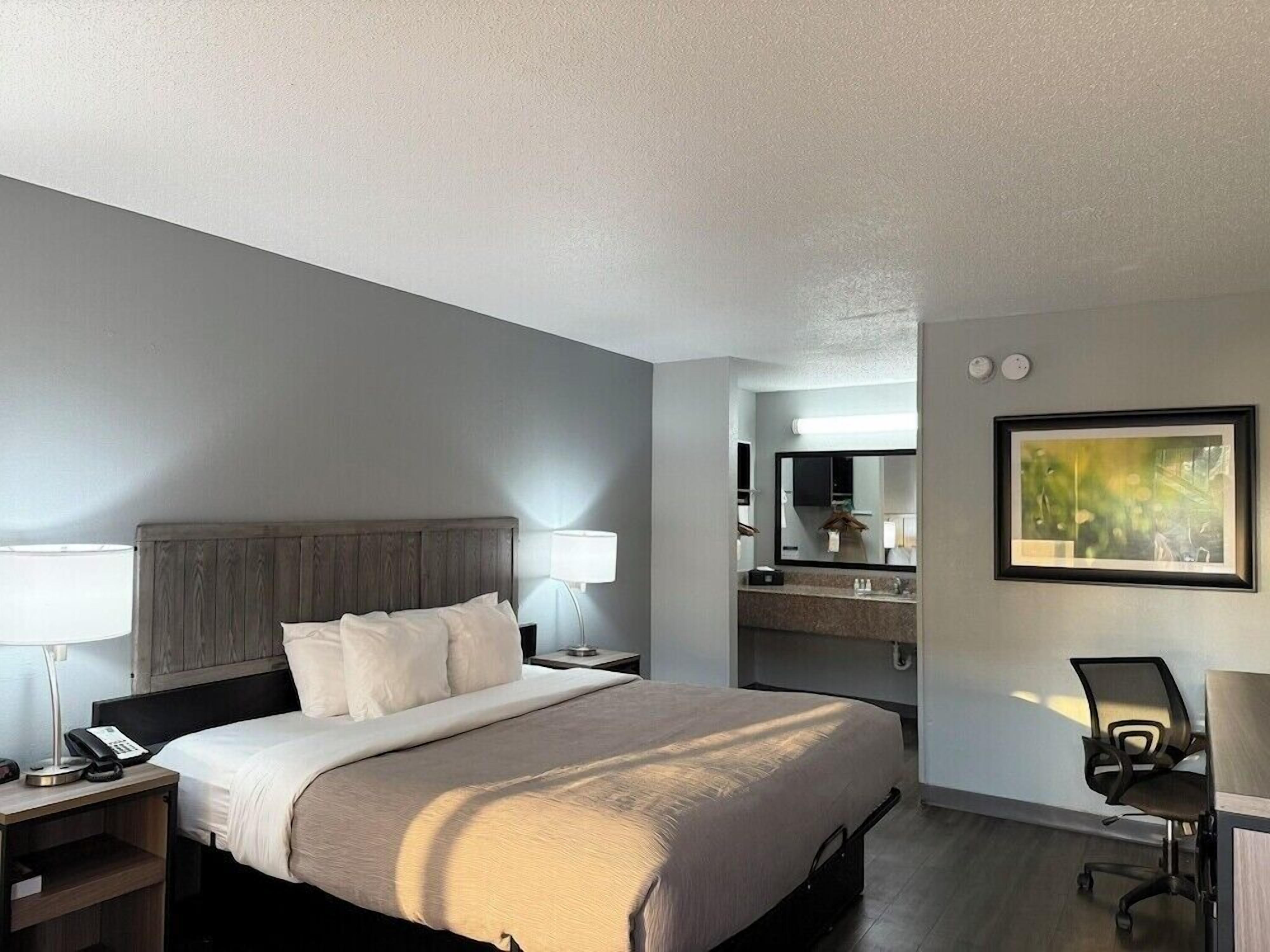 Quarto de hotel com cama, abajures, escrivaninha com cadeira, espelho e um quadro na parede.
