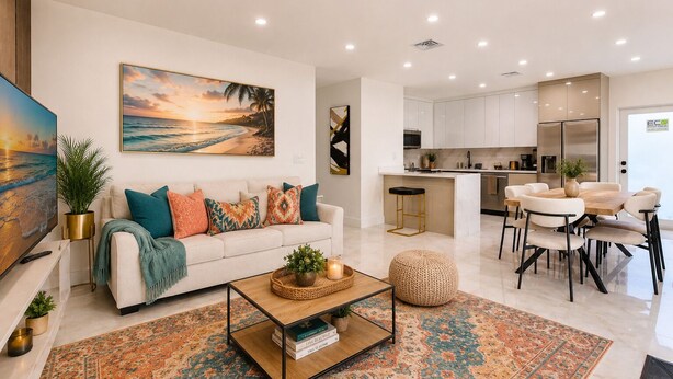 Ein modernes Wohnzimmer mit einer Couch, einem Couchtisch und einem Bild von einer Strandlandschaft.