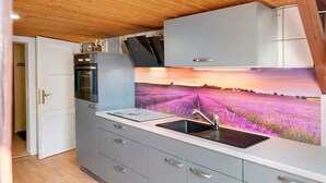 A compact kitchen with a built-in oven, a sink, and a cabinet with a decorative landscape mural.