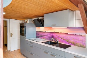 A compact kitchen with a built-in oven, a sink, and a cabinet with a decorative landscape mural.