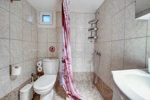 Een haardroger, handdoeken, zeep, toiletpapier