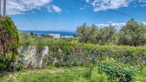 Un jardin avec vue sur la mer, une clôture et quelques arbres.