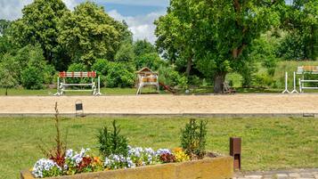 A park with a wooden play structure, a sandpit, and a flower bed.