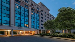 A hotel with a registration area, large windows, and a tree in front.