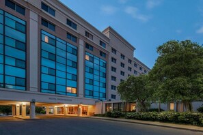 Ein Hotel mit einer Rezeption, großen Fenstern und einem Baum davor.