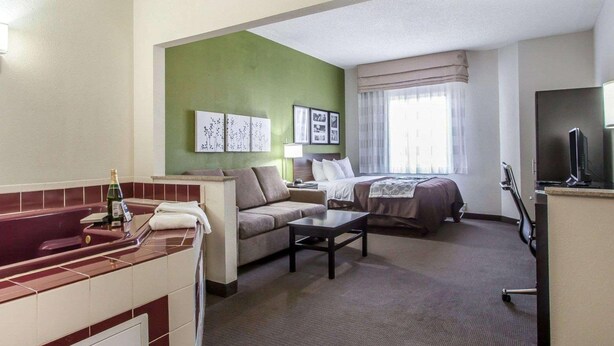 Une chambre d’hôtel avec un mur d’accent vert, un lit, un canapé, un bureau, une télévision et un mini-bar.