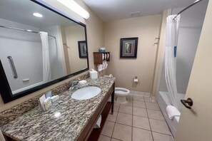 A bathroom with a granite countertop sink, a large mirror, a toilet, and a shower with a curtain. - Clarion Pointe Cherokee (Cherokee)