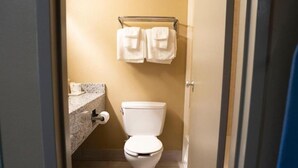 Un baño pequeño con un inodoro, un perchero con dos toallas, una encimera con dispensador de toallas de papel y una puerta.