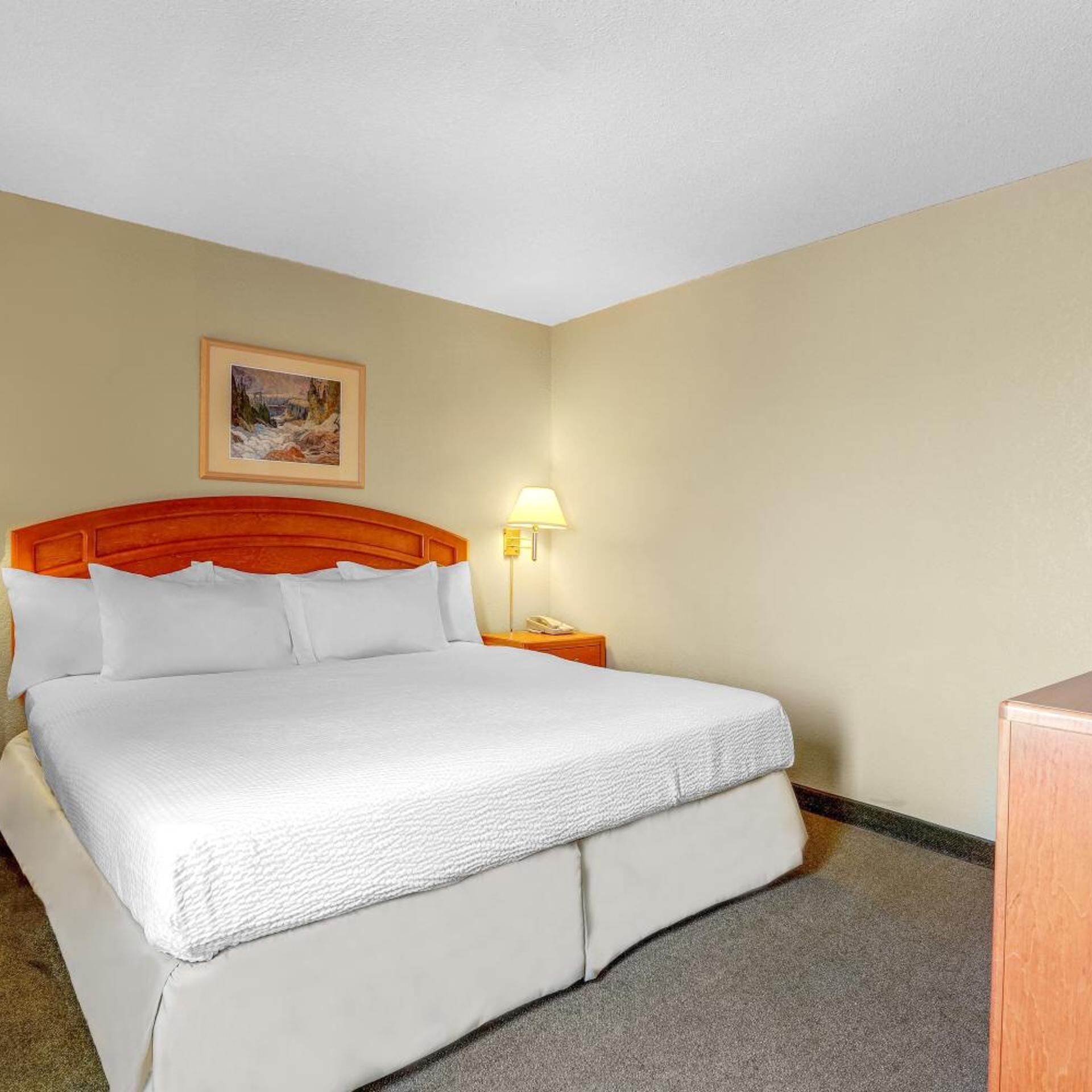 A hotel room with a bed, a nightstand, a lamp, and a painting on the wall.