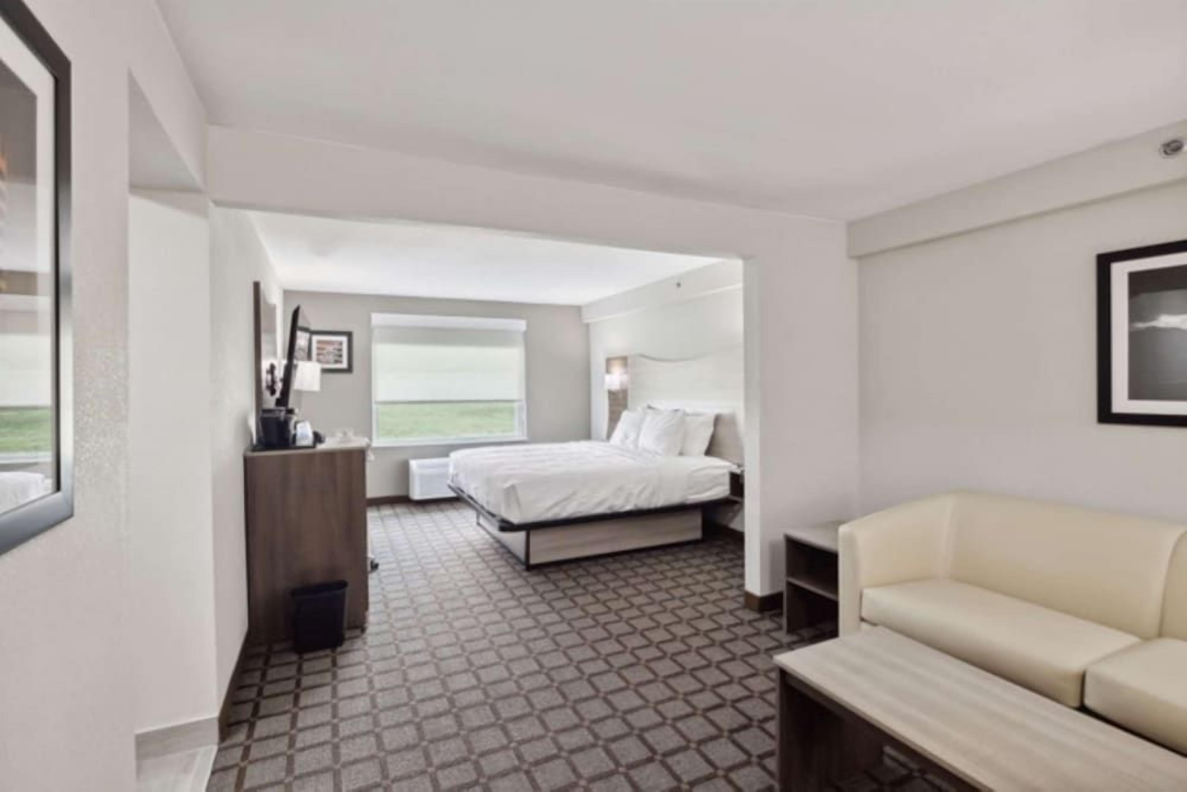 A hotel room with a bed, a sofa, a desk, and a window with a view.