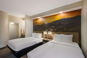 Habitación de hotel con dos camas, una mesita de noche con lámpara, un cuadro de un atardecer y una puerta.