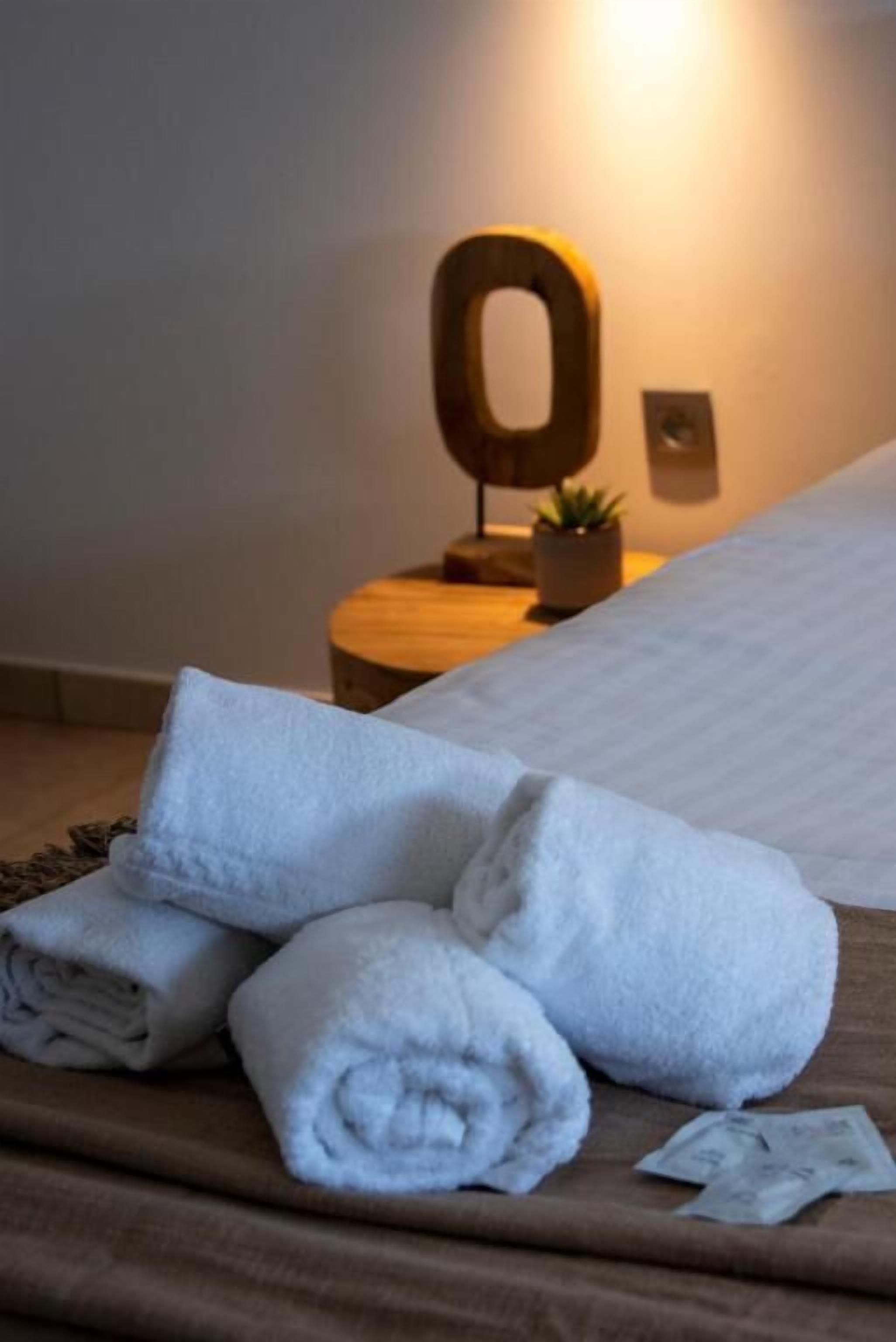 A neatly made bed with white linens, a wooden nightstand with a small plant, and a wall-mounted light fixture.