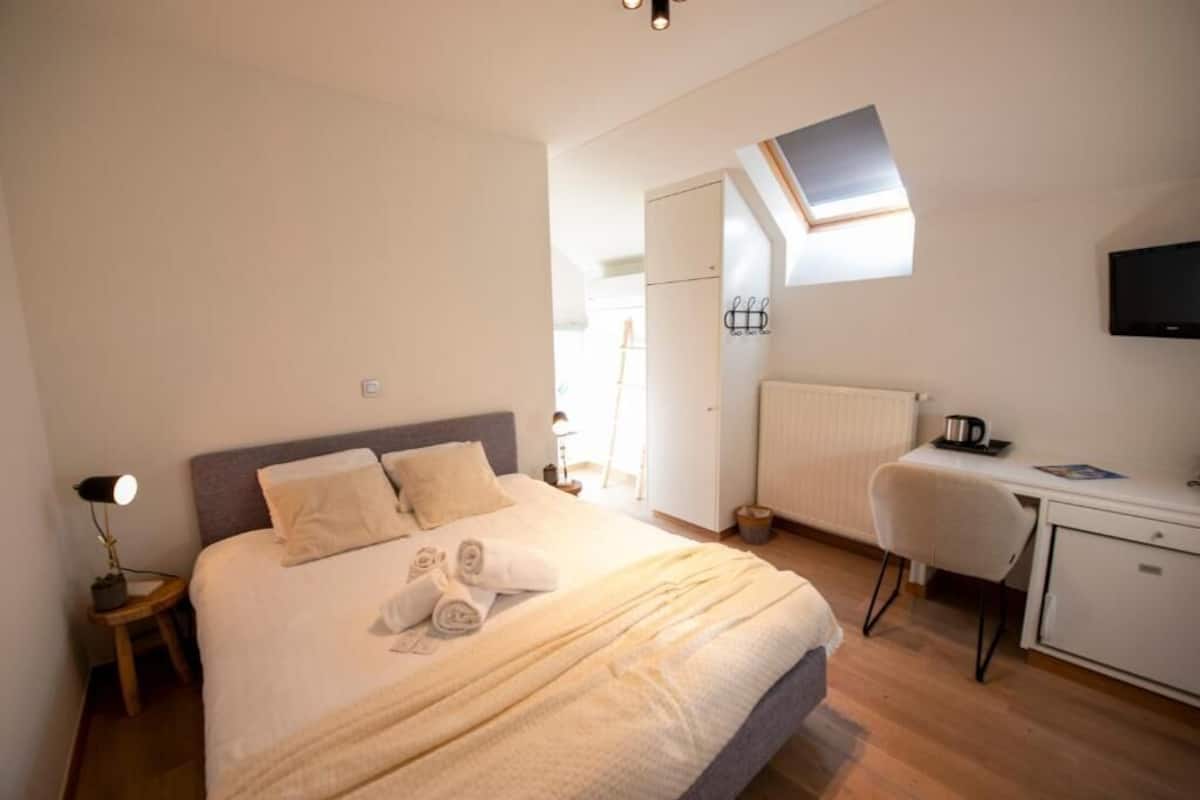 Un dormitorio con cama, escritorio, silla y televisor.