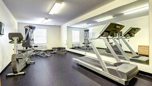 Une salle de sport équipée de tapis de course, d’appareils de musculation et d’un mur recouvert de miroirs.